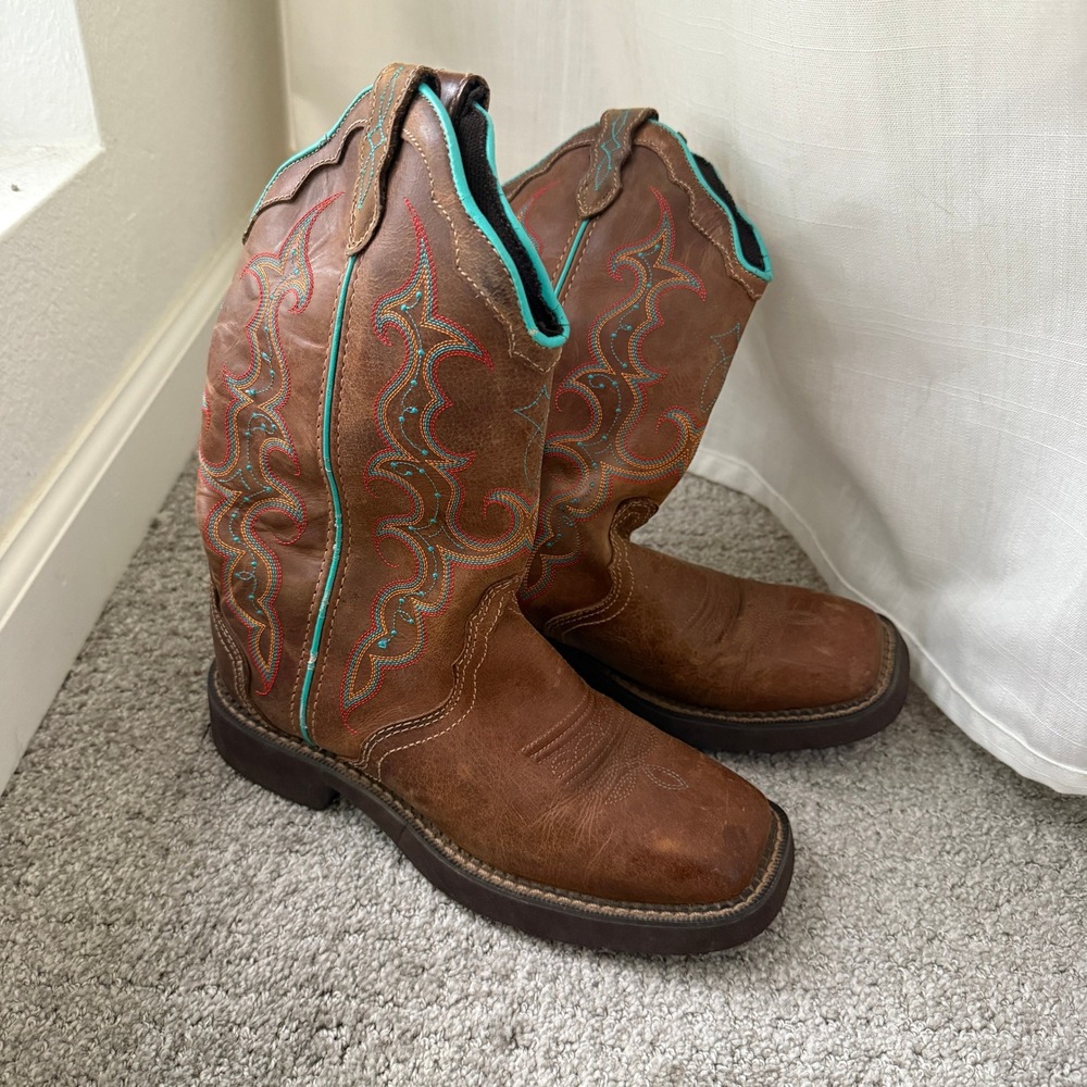 Justin Gypsy Raya Cowboy Boots Brown Square Toe Teal Red‎ L2900 Women's 7.5B